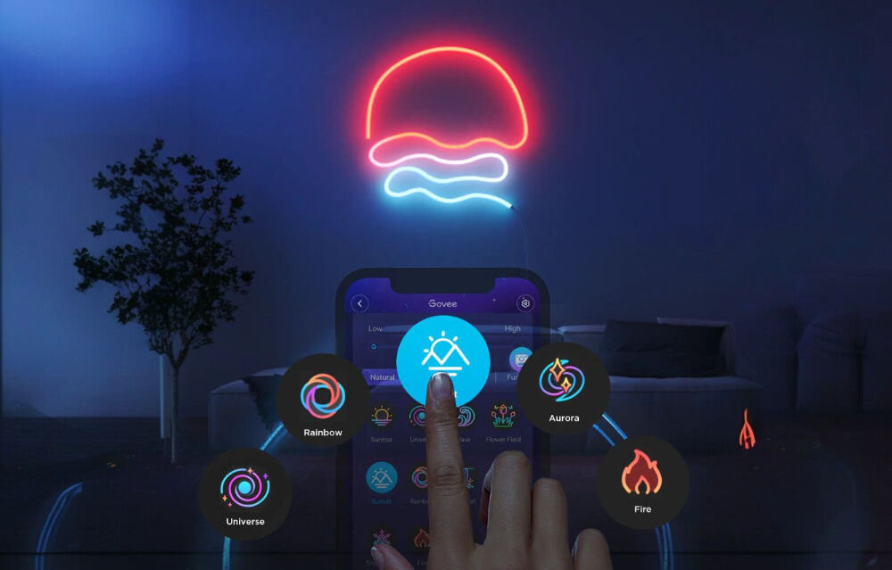 Taśma LED GOVEE Neon Rope Light 2 H61D5 5 m Wi-Fi/Bluetooth, kształt, RGBIC, mapowanie, animacje, dłoń obsługuje aplikację govee na smartfonie, na ścianie kształt zachody słońca zrobiona z taśmy led
