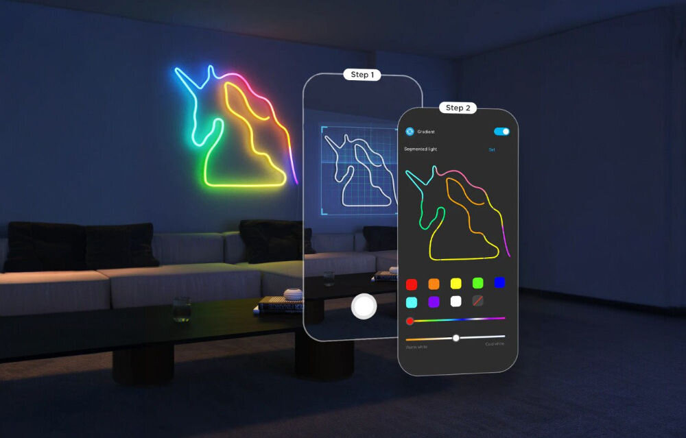 Taśma LED GOVEE Neon Rope Light 2 H61D5 5 m Wi-Fi/Bluetooth, klipsy, montaż, lekkość, forma, pokój gościnny, w tle jednorożec na ścianie uformowany z taśmy led govee