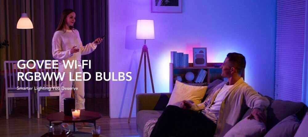 Inteligentna żarówka LED GOVEE H6004 E27 Bluetooth/Wi-Fi, E27, RGBWW, inteligentna, światło, Żarówki LED Govee RGBWW WiFi w salonie.