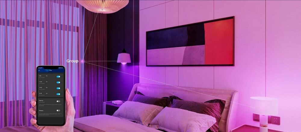 Inteligentna żarówka LED GOVEE H6004 E27 Bluetooth/Wi-Fi, zdalne, timer, grupowanie, away, Sypialnia z żarówkami LED i grupą sterowania w aplikacji.