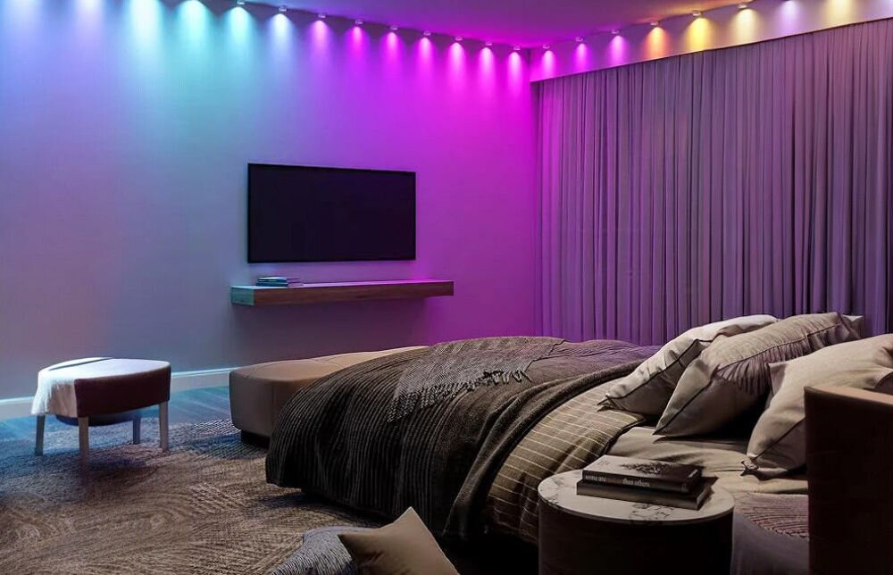 Taśma LED GOVEE H608B 3 m String Downlights Wi-Fi/Bluetooth, RGBIC, downlights, sterowanie, dekoracja, sypialnia oświetlana zainstalowaną taśmą LED na ścianach