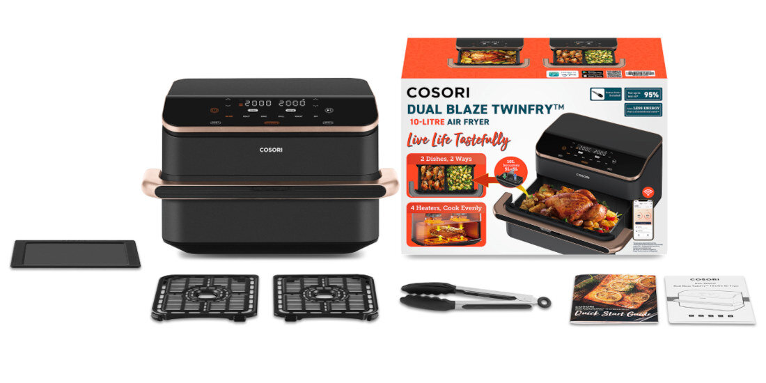 Frytkownica COSORI CAF-TF101S-AEUR Dual Blaze TwinFry Czarny 10L Wi-Fi dzielony kosz zestaw akcesoria komplet wyposazenie