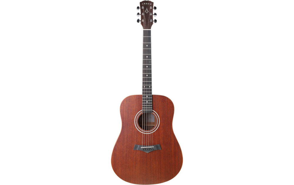 Gitara akustyczna ARROW Raw Series bogate brzmienie korpus mahoniowy pełny rezonans, gitara akustyczna od frontu na białym tle