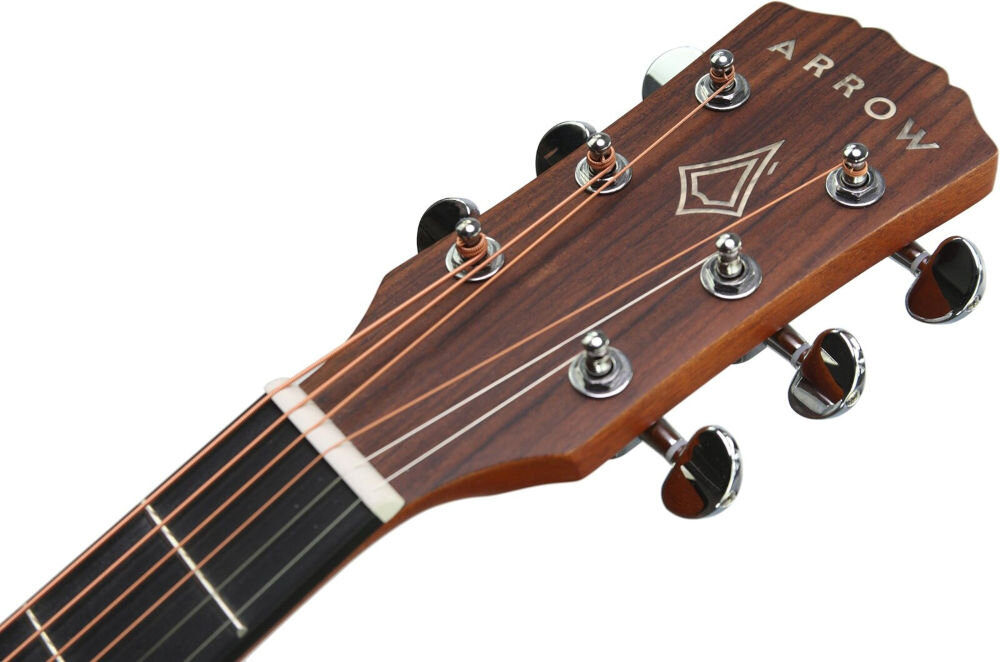 Gitara akustyczna ARROW Raw Series klucze chromowane precyzyjne strojenie stabilność, kadr gitary na białym tle - główka