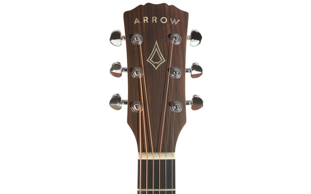 Gitara akustyczna ARROW Raw Series mocowanie gryfu Dovetail stabilność czystość dźwięku, kadr gitary na białym tle - główka