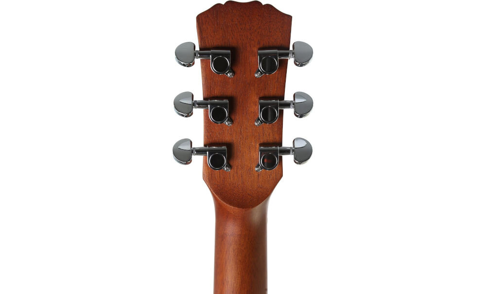 Gitara akustyczna ARROW Raw Series komplet struny mostek podstrunnica klucze, tył główki gitary na białym tle