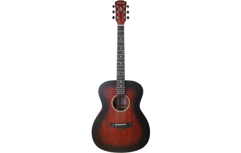 Gitara akustyczna ARROW Raw Series bogate brzmienie korpus mahoniowy pełny rezonans, gitara akustyczna od frontu na białym tle