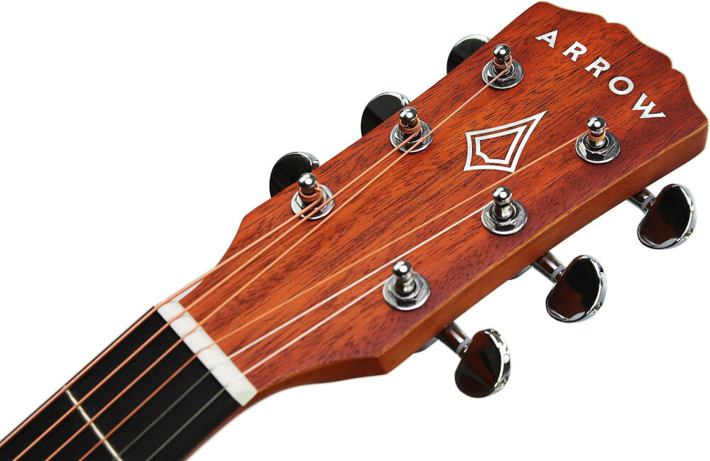 Gitara akustyczna ARROW Raw Series klucze chromowane precyzyjne strojenie stabilność, kadr gitary na białym tle - główka