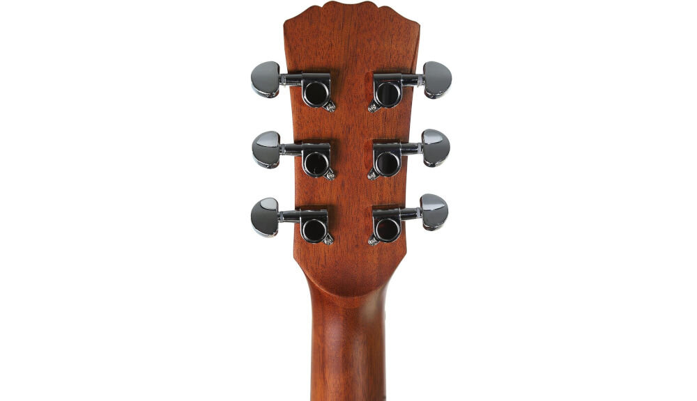 Gitara akustyczna ARROW Raw Series komplet struny mostek podstrunnica klucze, tył główki gitary na białym tle