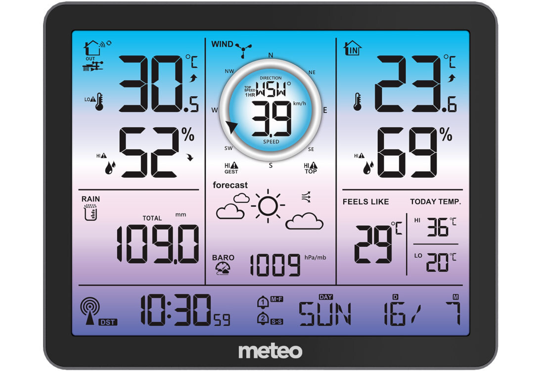 Stacja pogody METEO SP600 Prognoza pogody wskaźniki komfortu czas czytelne piktogramy wskaźniki temperatura odczuwalna  pamięć wartości kontrola