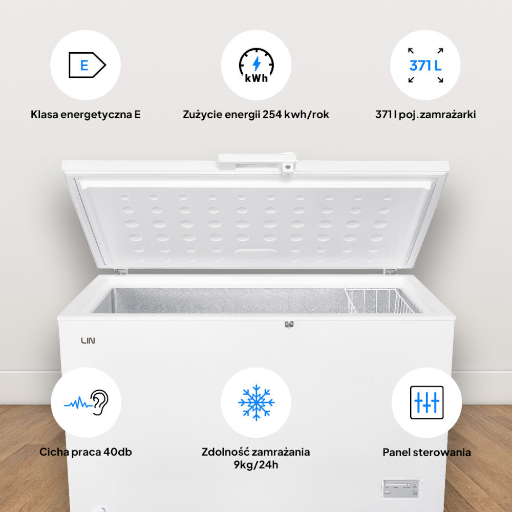 ZAMRAŻARKA LIN LI-BE1-380 wygoda użytkowania cicha praca komfortowe użytkowanie bez hałasu Lampki kontrolne druciany kosz