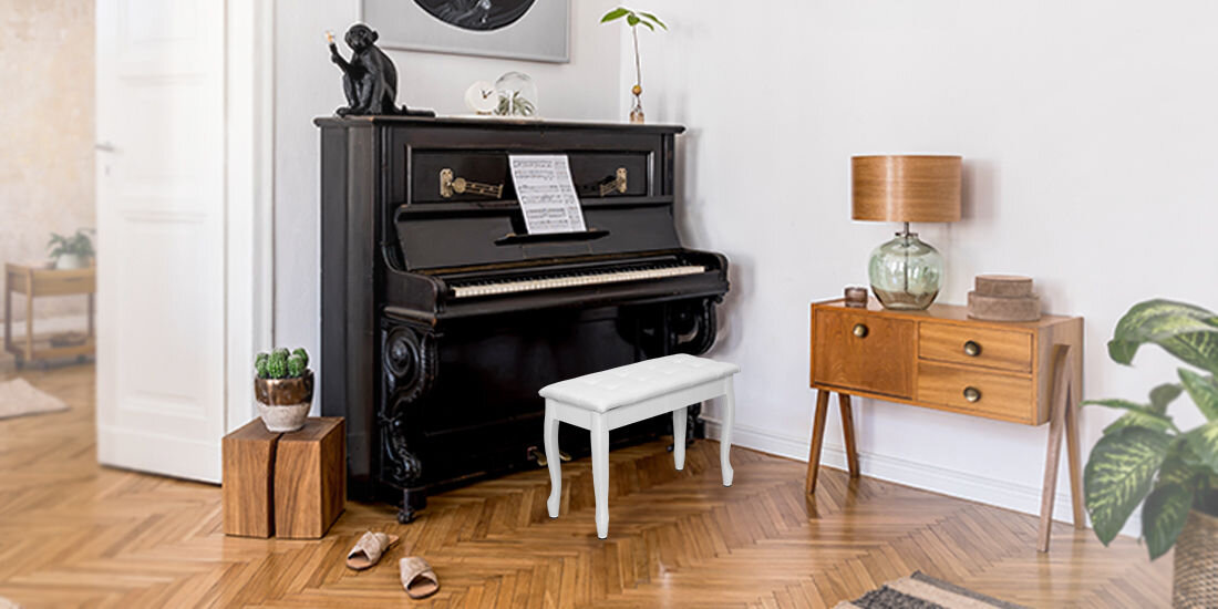 Ławka fortepianowa MUSICMATE MM-K15 Virtuoso Biały wysokość 46 cm schowek na akcesoria