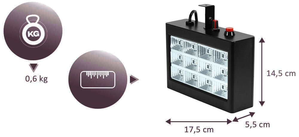 Lampa stroboskopowa MUSICMATE MM-DL101 Glintbeam z myślą o mobilności i trwałości trwała kompaktowa konstrukcja niewielkie wymiary 175 x 145 x 55 mm lekka obudowa waga 0,6 kg