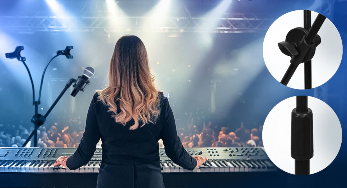 Statyw mikrofonowy MUSICMATE MM-A65 regulacja wysokości od 80 do 140 cm możliwość regulacji kąta nachylenia mikrofonu