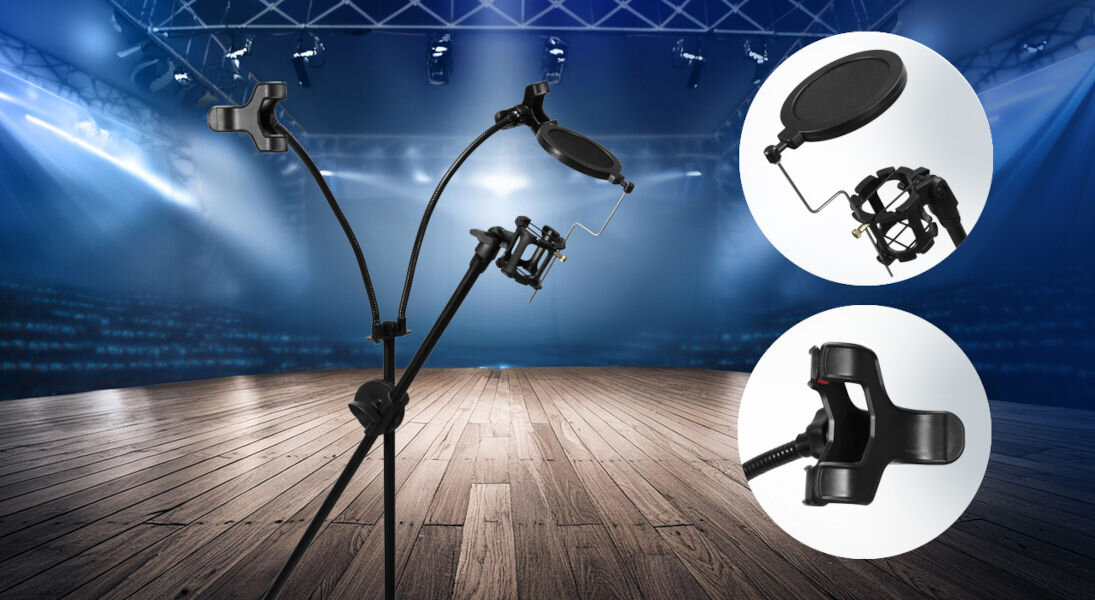 Statyw mikrofonowy MUSICMATE MM-A65 uchwyt mikrofonowy o długości ramienia 70 cm dwa elastyczne uchtywy na urządzenia mobilne o długości 35 cm
możliwość jednoczesnego korzystania z mikrofonu i smartfonów