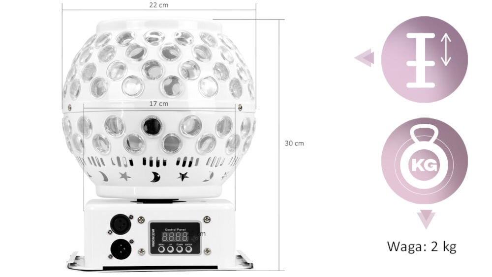 Kula świetlna MUSICMATE MM-DB210 Galaxyburst moc 50 W reaguje na dźwięk w dwóch trybach, które można dostosować pod względem prędkości – od delikatnych, subtelnych pulsacji po
intensywne, dynamiczne efekty świetlne