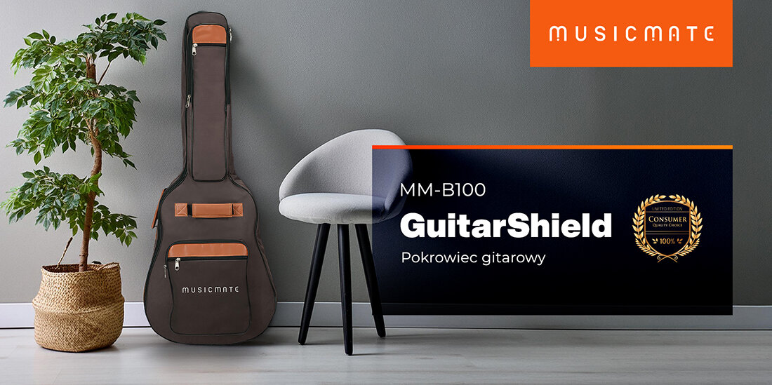Pokrowiec na gitarę MUSICMATE MM-B100 Guitarshield Zabezpiecz swój instrument pokrowiec na gitarę oparty o ścianę kwiat krzesło logo producenta nazwa modelu