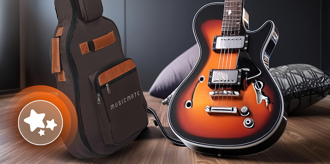 Pokrowiec na gitarę MUSICMATE MM-B100 Guitarshield stylowy design pokrowca w eleganckim brązowym kolorze wyposażony w dwie kieszenie na akcesoria starannie wykończony połączenie stylu i użyteczności