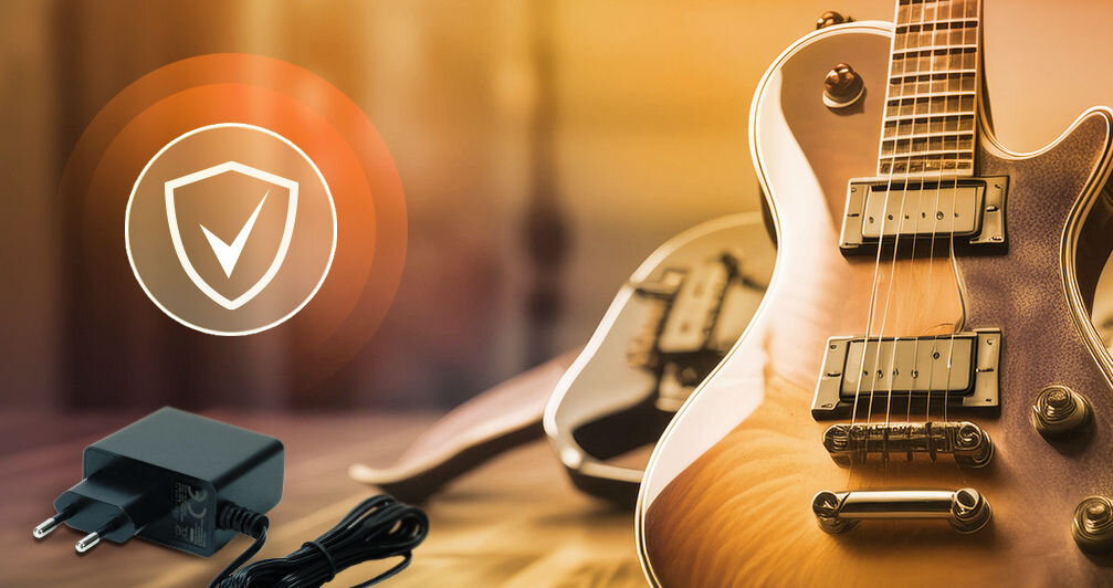 Zasilacz MUSICMATE MM-V5 PowerUp napięcie 9V prąd 1A stabilne bezpieczne zasilanie wymiary 8 x 5,5 x 3 cm do szerokiej gamy instrumentów urządzeń codziennego użytku