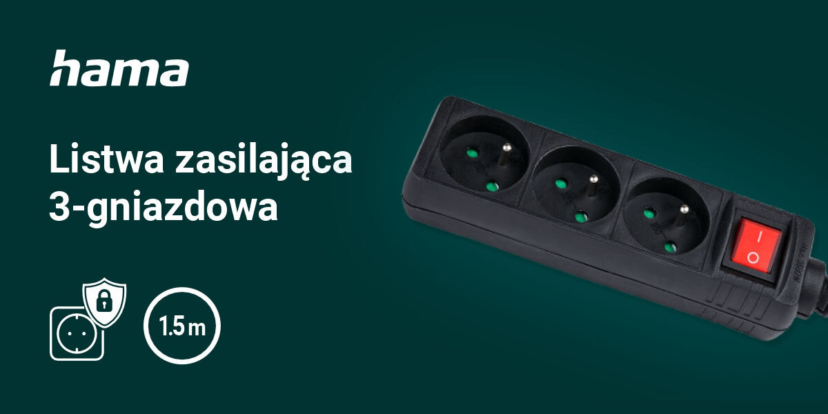 Listwa HAMA Standard 3GN (1.5 m) Czarny
wygodne zasilanie urządzeń, zielone tło, produkt, logo producenta, biały napis listwa zasilająca 3-gniazdowa