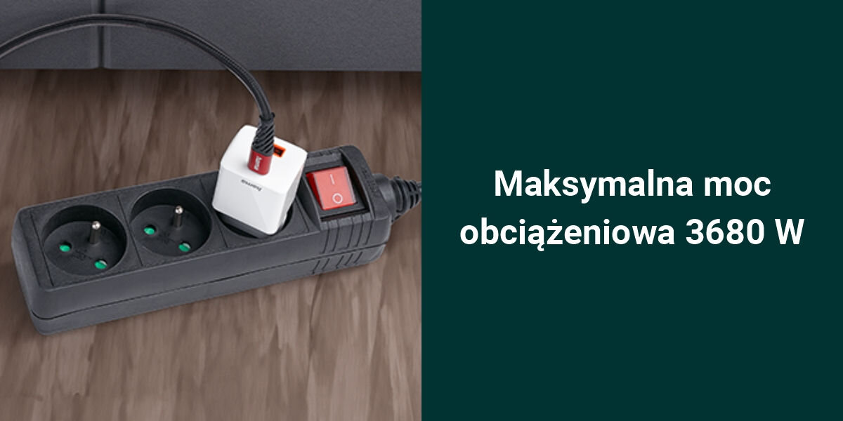 Listwa HAMA Standard 3GN (1.5 m) Czarny
wysoka moc, maksymalne obciążenie 3680 W, możliwość zasilania urządzeń o większym poborze mocy,
produkt na drewnianej powierzchni z podłączoną ładowarką, zielone tło, biały napis Maksymalna moc obciążeniowa 3680 W