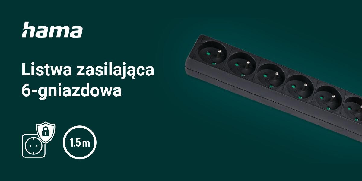 Listwa HAMA Standard 6GN (1.5 m) Czarny
wygodne zasilanie urządzeń, zielone tło, produkt, logo producenta, biały napis listwa zasilająca 6-gniazdowa