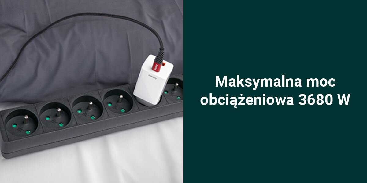 Listwa HAMA Standard 6GN (1.5 m) Czarny
wysoka moc, maksymalne obciążenie 3680 W, możliwość zasilania urządzeń o większym poborze mocy,
produkt z podłączoną ładowarką, zielone tło, biały napis Maksymalna moc obciążeniowa 3680 W