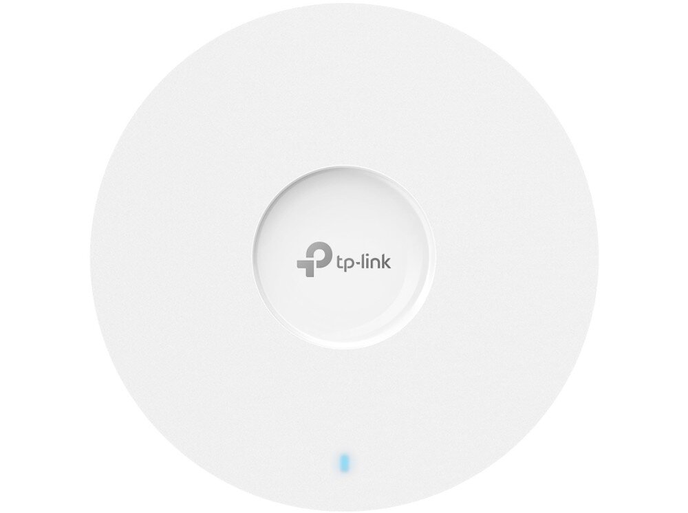 Biały, okrągły punkt dostępu z logo \'tp-link\' w centralnej części. Na dole widoczna jest niebieska dioda.