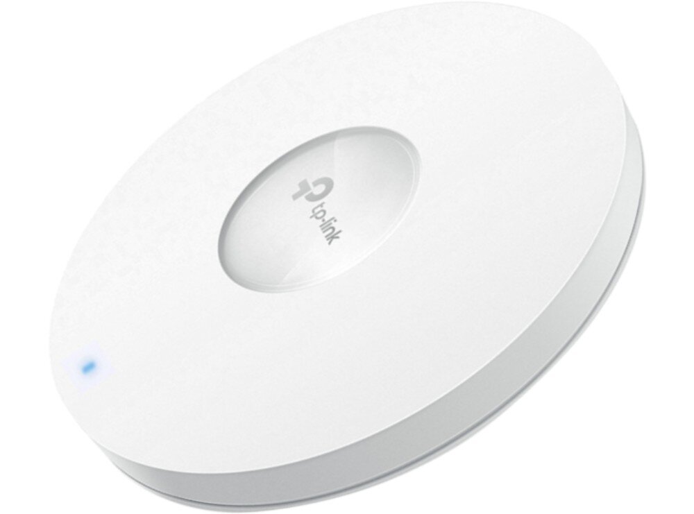 Biały, okrągły punkt dostępu z logo \'tp-link\' na środku i niebieskim wskaźnikiem świetlnym na krawędzi.