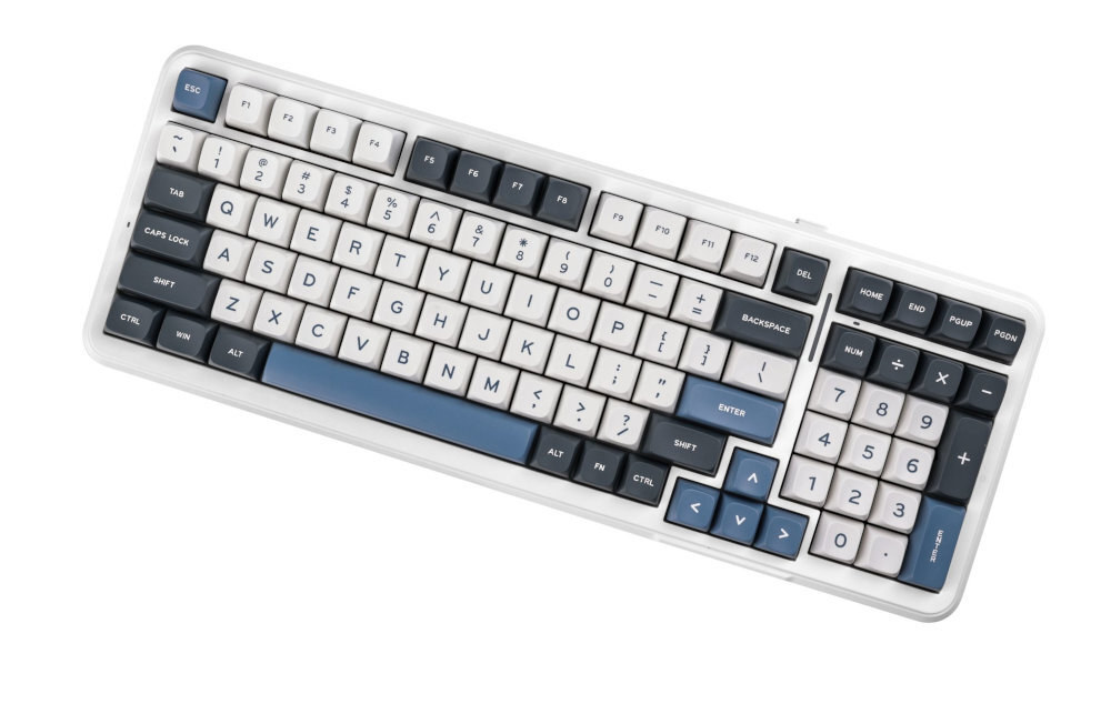MCHOSE MC-K99 bezprzewodowa klawiatura mechaniczna konstrukcji Gasket Mount, sześciowarstwowej izolacji akustycznej przełącznikom liniowym Hyacinth Navy Blue podświetlenie RGB - klawiatura na białym tle