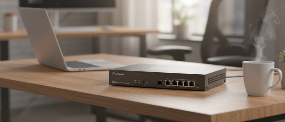 Router TP-Link Omada Multi-Gigabit VPN Gateway stoi na biurku obok laptopa podczas zarządzania siecią w biurze.