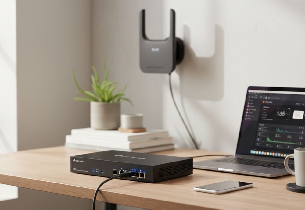 Router TP-Link Omada Multi-Gigabit VPN Gateway pracuje z punktem dostępowym Wi‑Fi podczas zarządzania siecią firmową