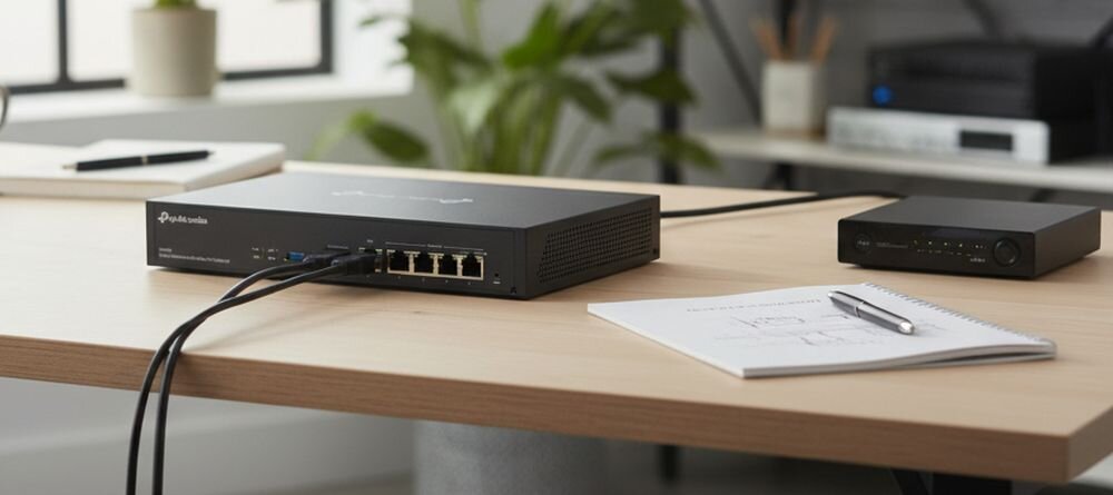 Router TP-Link Omada VPN Gateway stoi na biurku obok notatnika podczas zarządzania siecią firmową w nowoczesnym biurze.