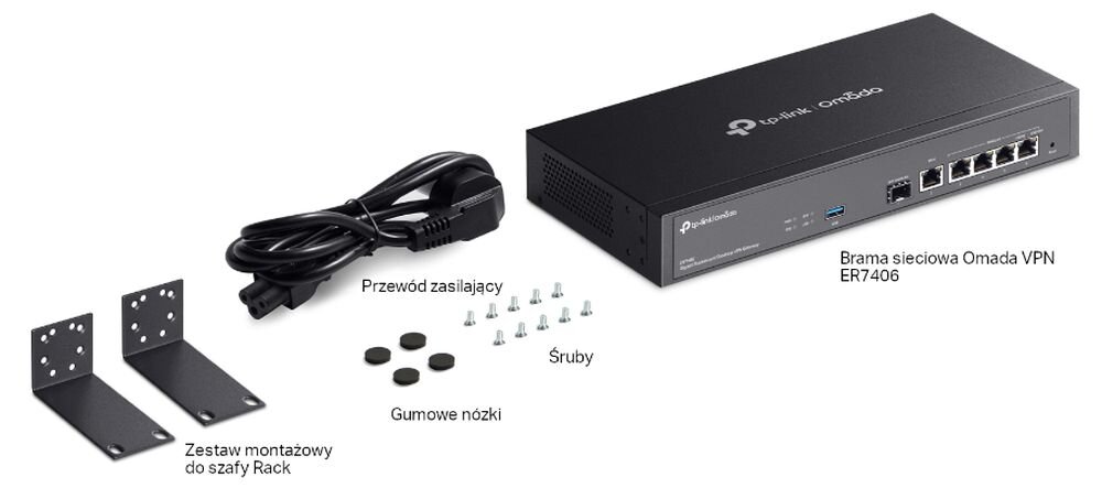 Router TP-Link Omada ER7406 z akcesoriami montażowymi prezentuje kompletny zestaw do instalacji w szafie Rack