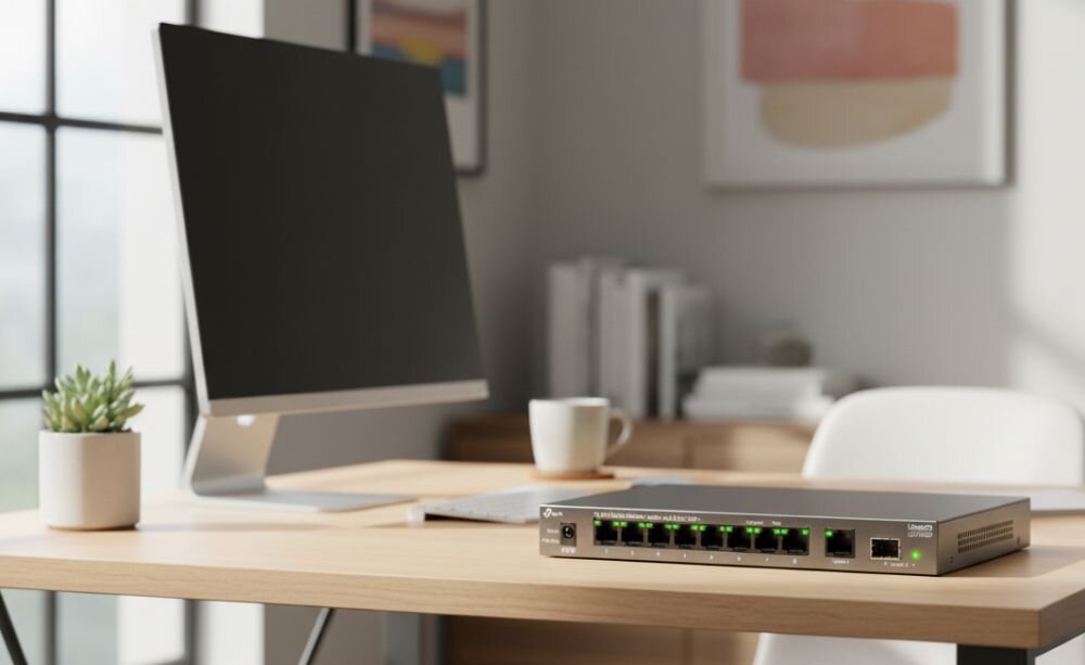 Na biurku znajduje się switch TP-LINK z dziesięcioma portami, z których osiem ma zielone diody. W tle widać monitor, kubek i roślinę doniczkową.