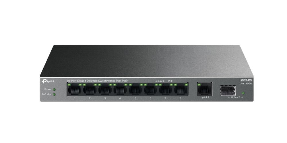 Na obrazie widoczny jest switch TP-Link z dziesięcioma portami Ethernet, z czego osiem ma funkcję PoE. Na urządzeniu znajdują się diody sygnalizacyjne oraz logo TP-Link.