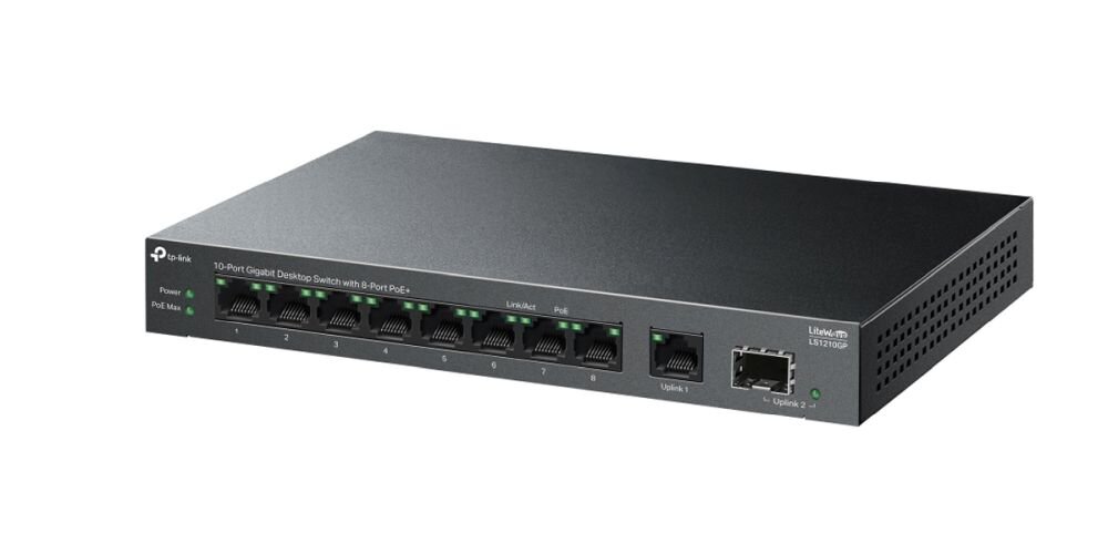 Na obrazie widoczny jest czarny switch sieciowy z dziesięcioma portami Ethernet i jednym portem SFP. Na urządzeniu znajduje się logo TP-Link oraz napisy: \'10-Port Gigabit Desktop Switch with 8-Port PoE+.\'