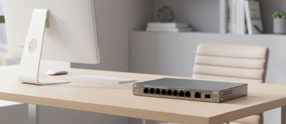 Na biurku znajduje się switch TP-LINK z dziesięcioma portami Ethernet, obok monitora i klawiatury. W tle widać półkę z książkami i rośliną.