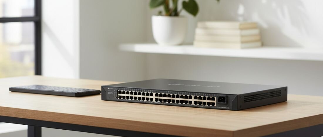 Przełącznik TP-Link Omada z 24 portami Gigabit Ethernet stoi na biurku podczas zarządzania siecią w biurze..