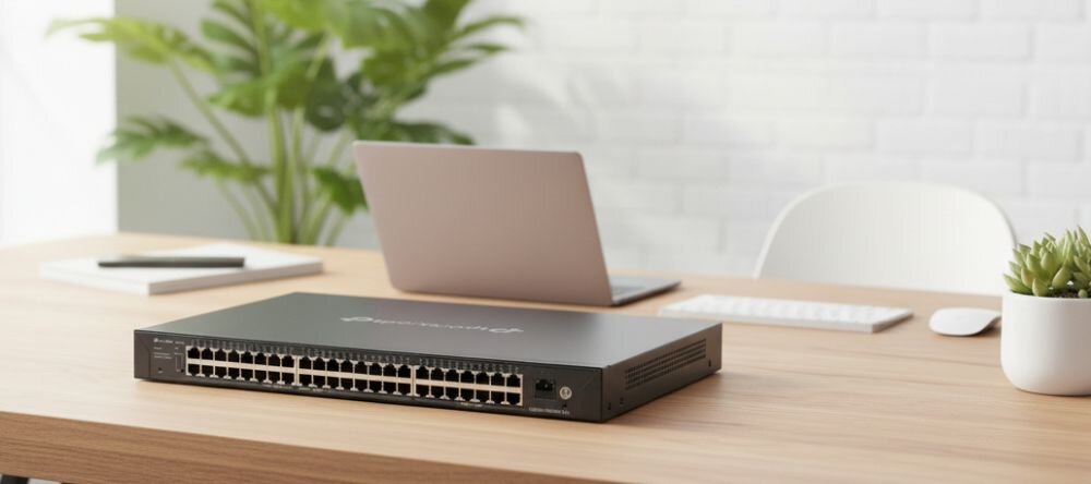 Przełącznik TP-Link Omada z portami Gigabit Ethernet prezentuje panel złączy sieciowych na stanowisku. 