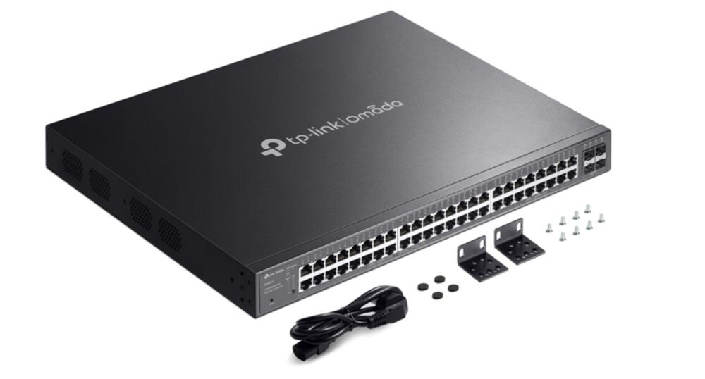 Przełącznik TP-Link Omada z portami Gigabit Ethernet prezentuje panel złączy sieciowych z zawartością zestawu