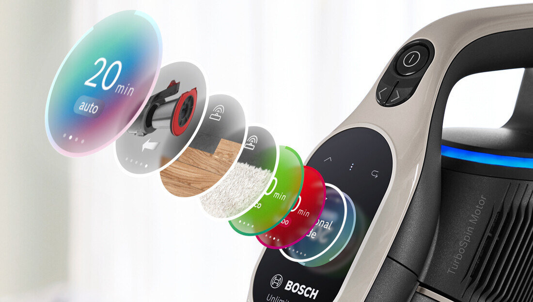 Odkurzacz BOSCH Unlimited 10 BBS1041GQC Kolorowy Wyświetlacz TFT kontrola monitorowanie 6 trybów odkurzanie instrukcje obrazkowe cyfrowy przewodnik funkcja ochrony akumulatora funkcja oszczędzania energia dostosowanie potrzeby
