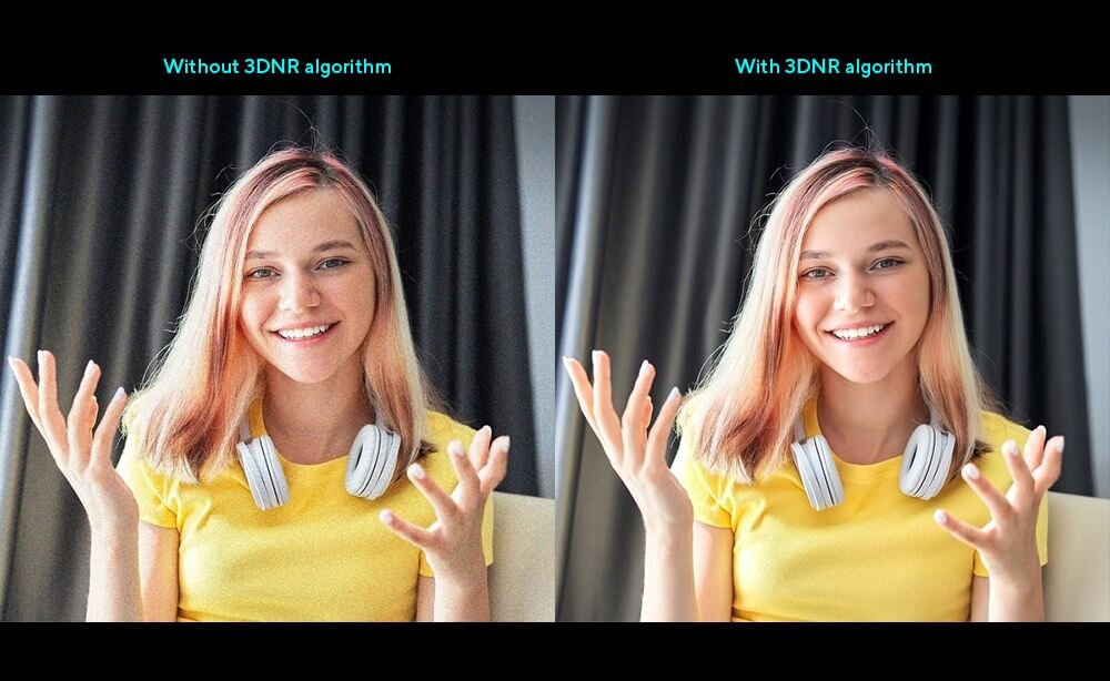 Porównanie jakości obrazu wideo z algorytmem 3DNR i bez niego w laptopie ASUS VivoBook S 14 Flip – po lewej zaszumiony obraz, po prawej wyraźny i czysty obraz kobiety podczas wideokonferencji. - ASUS 3D Noise Reduction (3DNR)