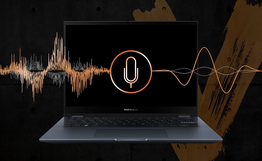 Wizualizacja technologii ASUS AI Noise-Canceling w laptopie ASUS VivoBook S 14 Flip – chaotyczne fale dźwiękowe wchodzące do mikrofonu i wychodzące jako czysty, wygładzony dźwięk, symbolizująca redukcję szumów. - ASUS AI Noise-Canceling
