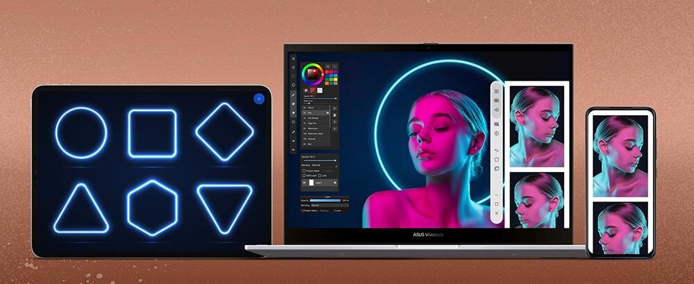 Technologia GlideX demonstrująca płynną współpracę między laptopem ASUS VivoBook, tabletem i smartfonem podczas edycji kreatywnej grafiki z neonowymi kształtami i portretem kobiety. - GlideX