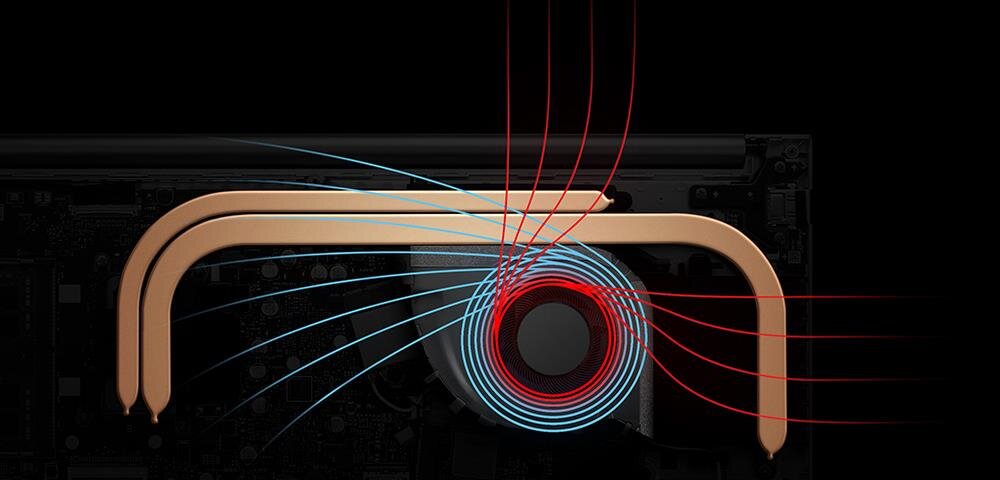 Zaawansowany system chłodzenia IceBlade w laptopie ASUS VivoBook S 14 Flip – wizualizacja wentylatora z miedzianymi rurkami cieplnymi, pokazująca przepływ zimnego i ciepłego powietrza, symbolizująca wydajne chłodzenie. - IceBlade