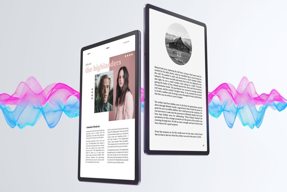 Dwa tablety z wyświetlonymi stronami tekstu i obrazami, na tle kolorowych fal dźwiękowych. Na jednym ekranie widoczny jest tekst \'the highlanders\' oraz zdjęcia dwóch osób.