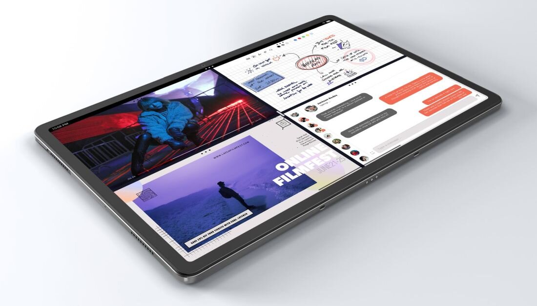 Tablet z dużym ekranem wyświetla cztery różne aplikacje, w tym notatki, czat i zdjęcia. Na obudowie widoczne jest logo \'Lenovo\'.