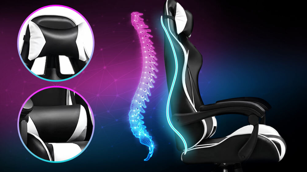 Fotel EXTRALINK G-526 Czarno-biały prezentacja fotela od przodu i pod kątem z wymiarami oraz dopuszczalną wagą i wzrostem na tle ceglanej ściany podświetlonej w różowy i niebieski kolor wysokość całkowita oparcie siedzisko regulacja wysokości dzieci dorośli