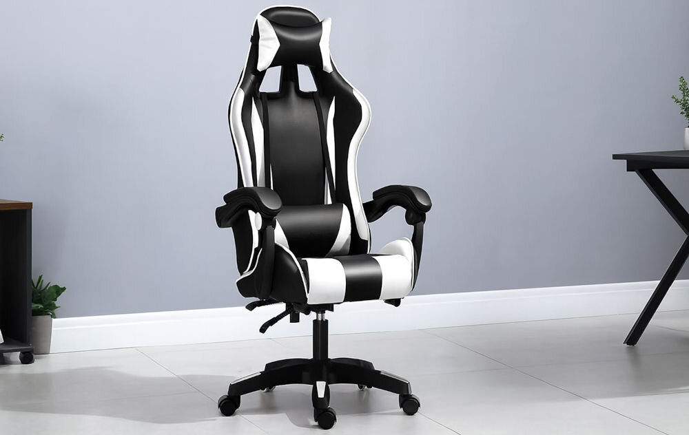 Fotel EXTRALINK G-526 Czarno-biały prezentacja fotela na tle szarego pokoju od przodu